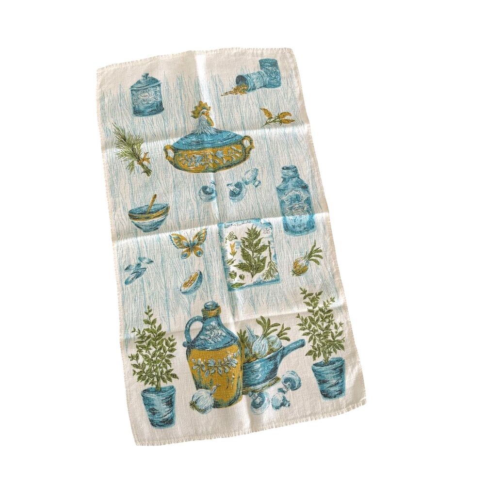 Vintage Tea Towel Rooster Mushrooms Canisters Linen Turquoise Harvest Gold Green